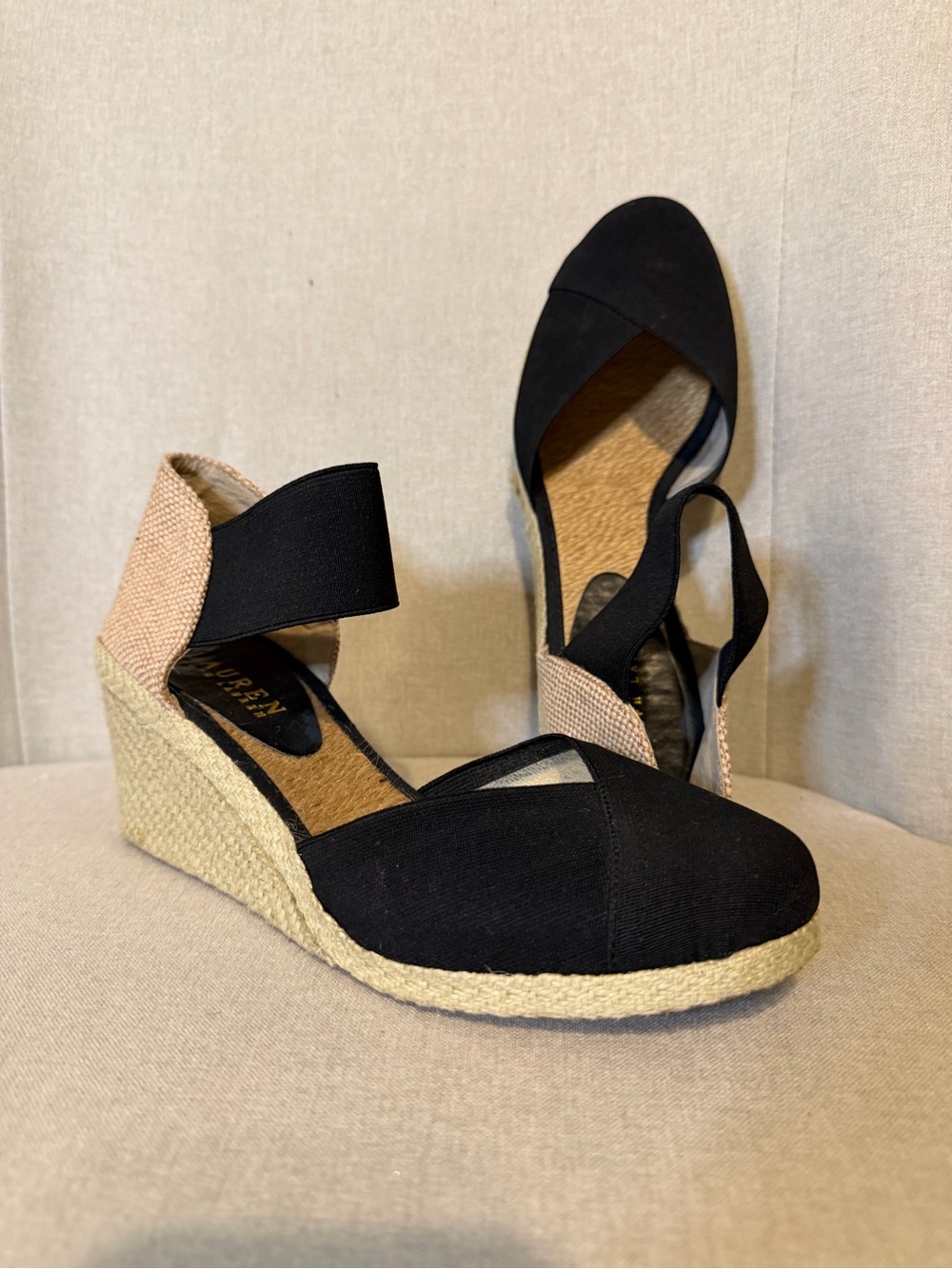 Ralph Lauren Black Espadrille Wedge Sandals with Blush Heel Panel size 7